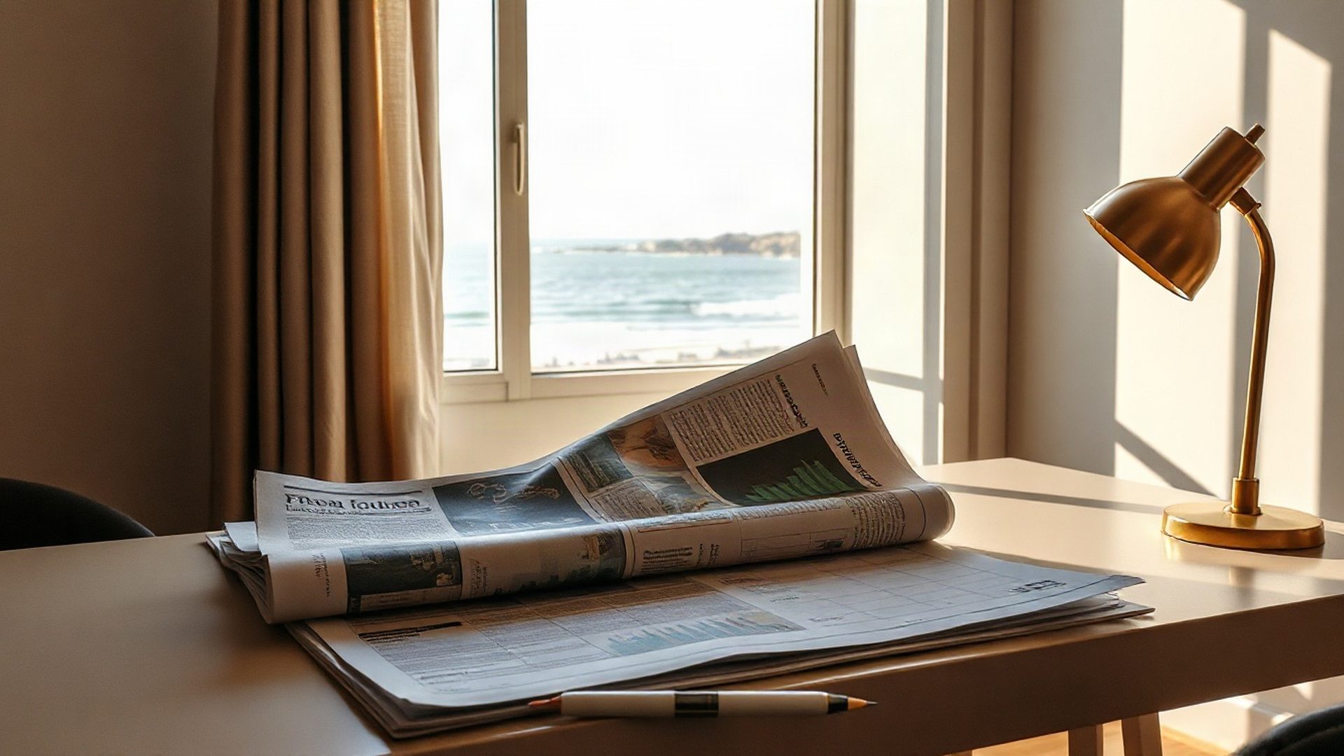 Escritorio editorial con prensa financiera y vista a la costa de Punta del Este