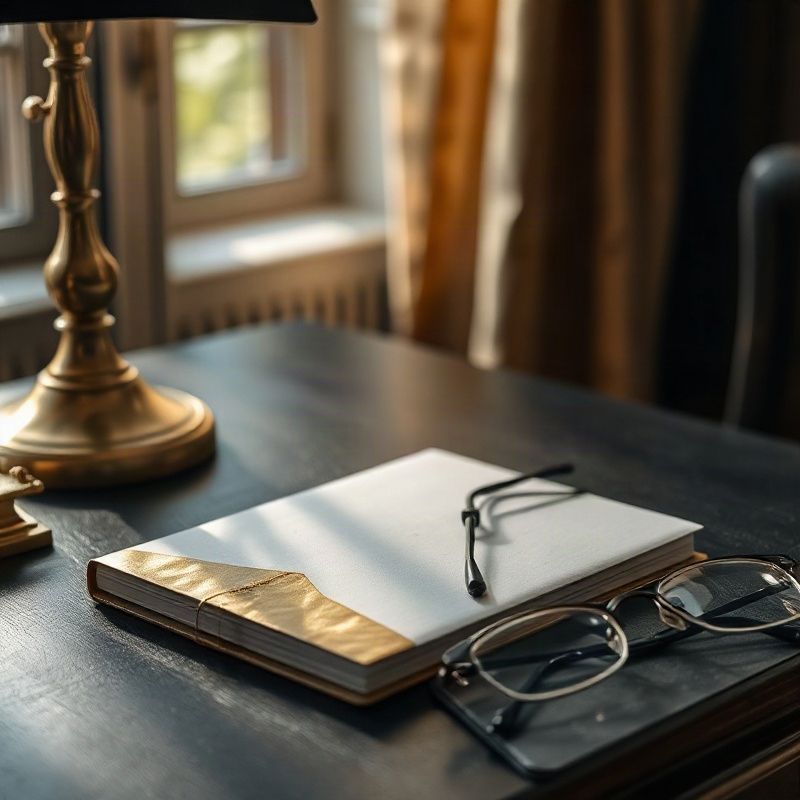 Escritorio con cuaderno de acentos dorados, sobre y lentes de lectura